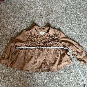 Anthro Maeve Size L Camel Brown Button Down Cropped Top with Gathering